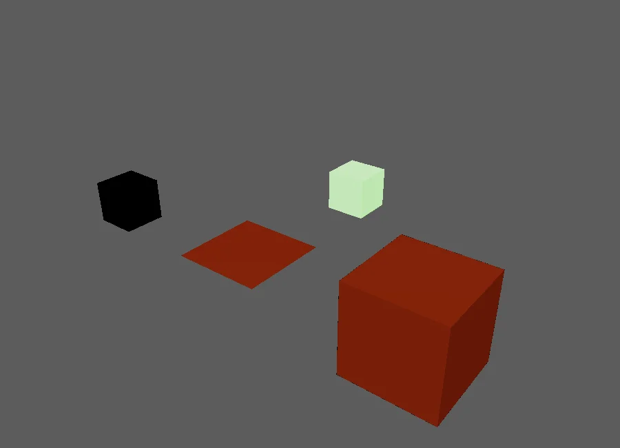 Test scene in Maya with a black cube, a red plane, a red cube and a light green cube