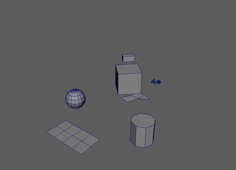 Wireframe view in Maya of imported Blender primitives showing exact polygon counts