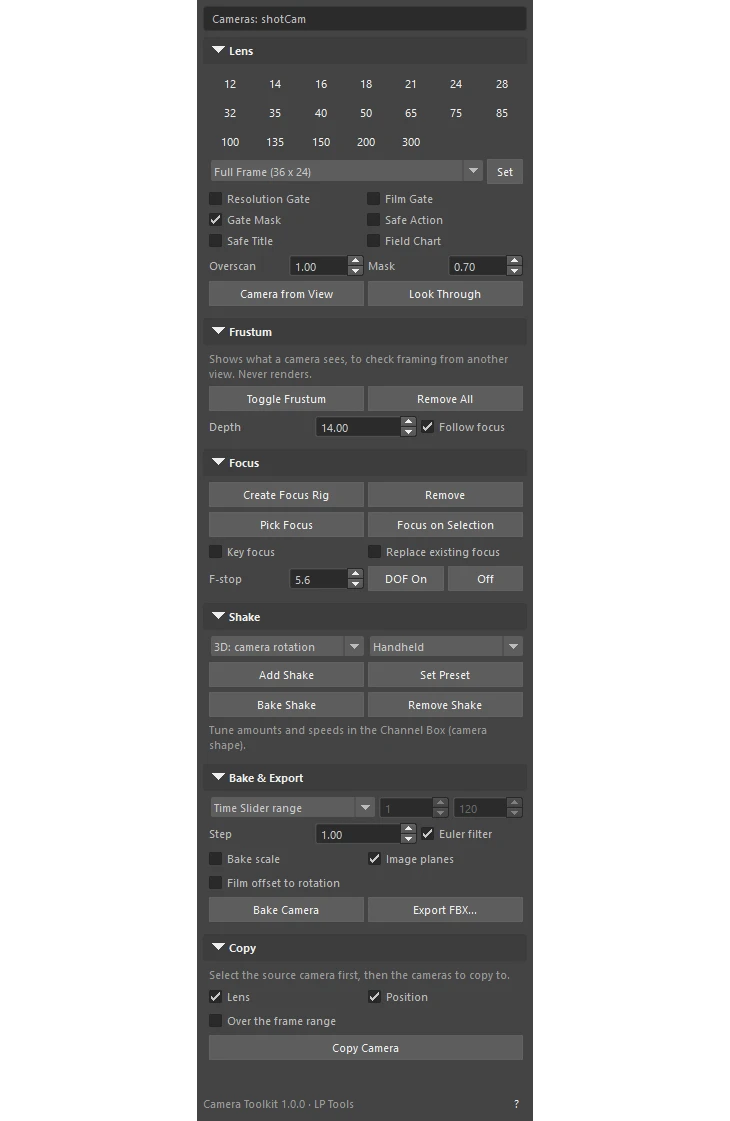 Camera Toolkit window in Maya