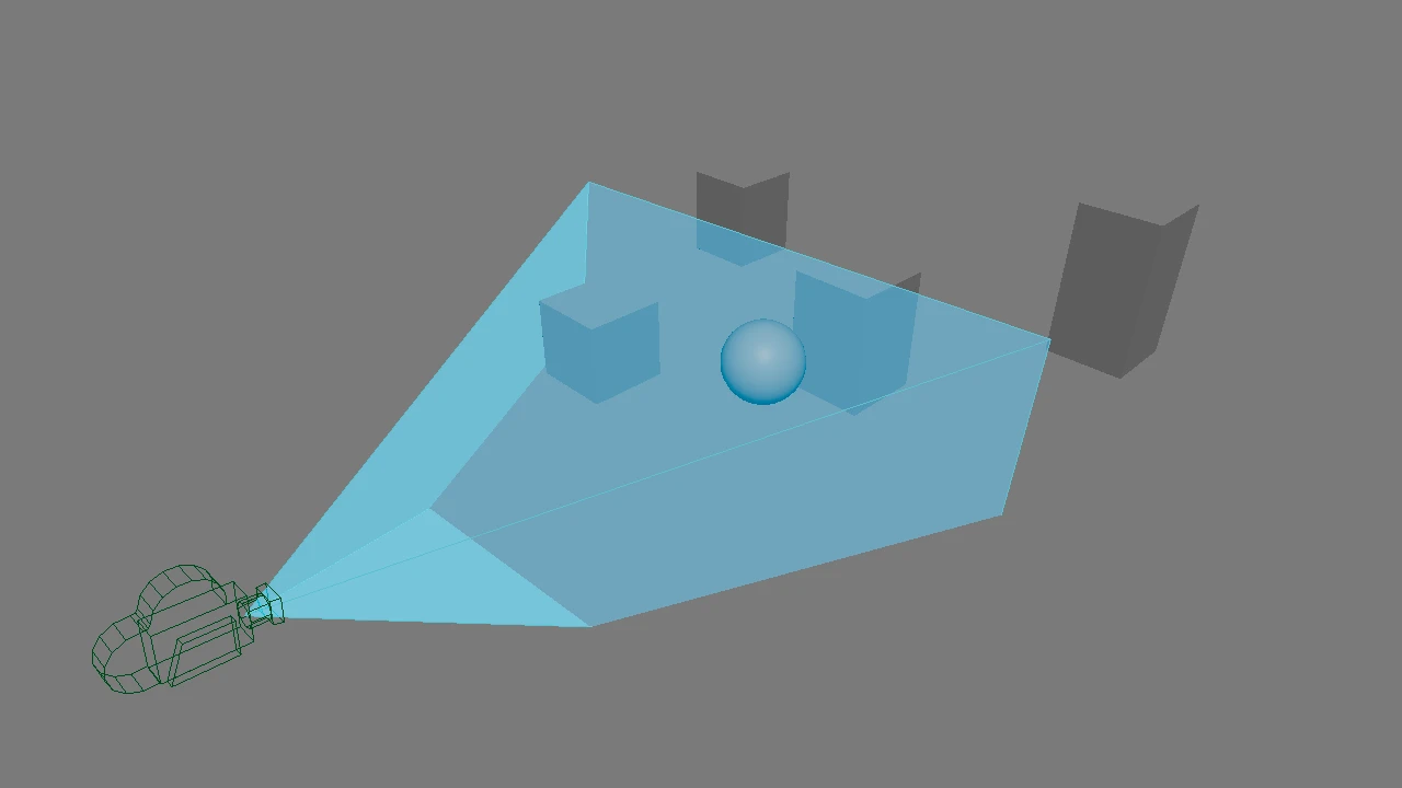 A camera frustum and focus plane shown in the Maya viewport
