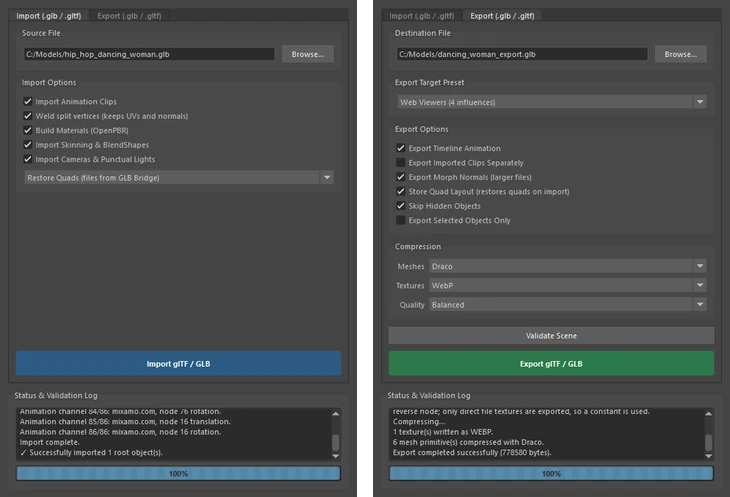 GLB Bridge import and export panels in Maya