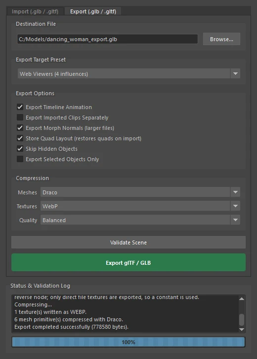 GLB Bridge export panel in Maya