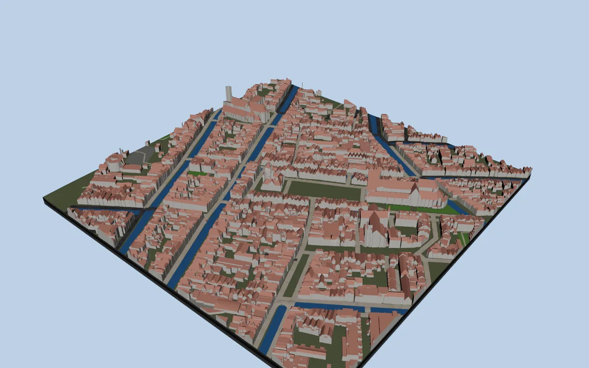 Square crop of Delft with a thin black base, detailed buildings and canals