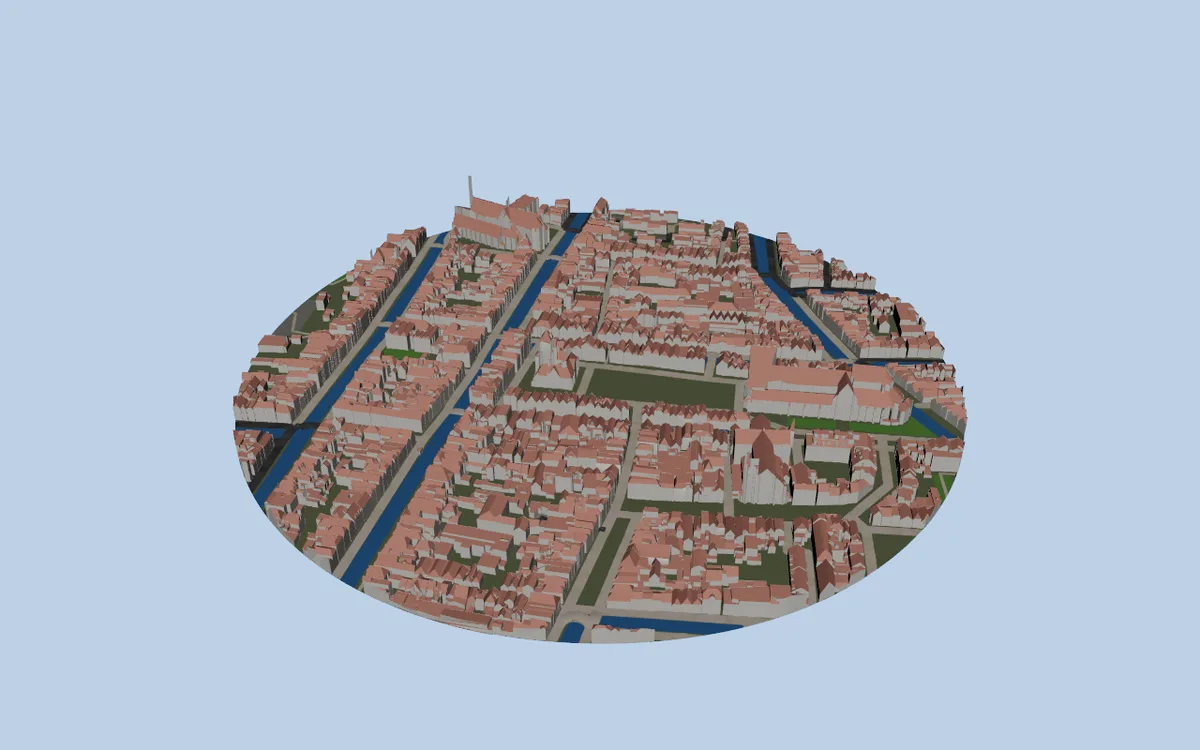 Delft with detailed 3D BAG buildings and individual red roofs