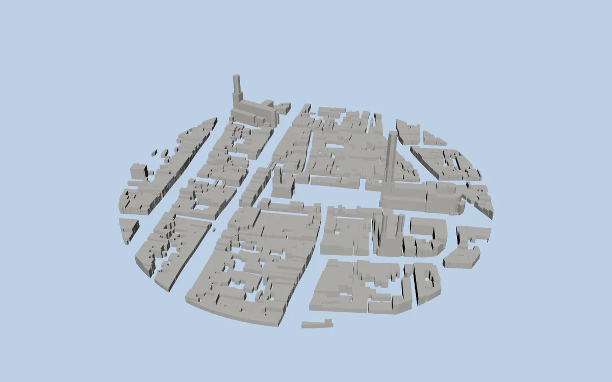 Grey building blocks of central Delft imported into Maya, cropped to a circle