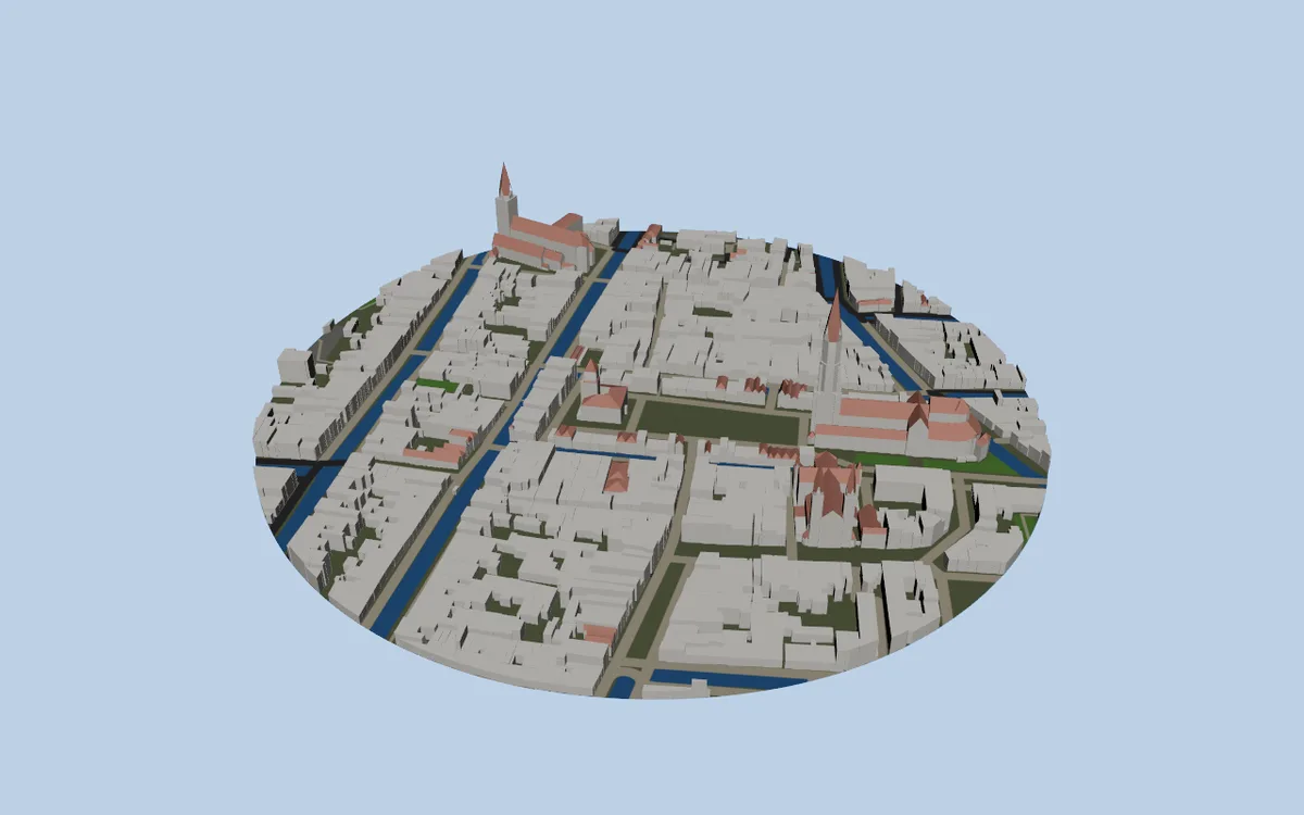 Delft with the ground map showing blue canals, grey roads and green parks