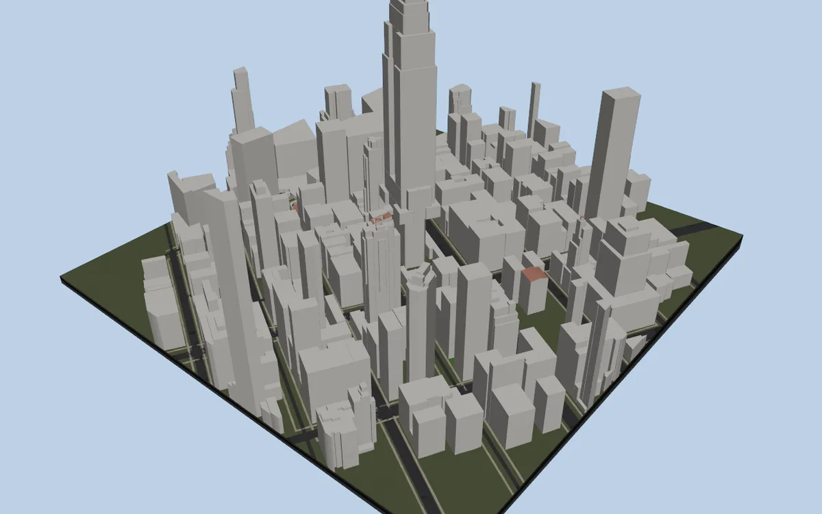 Midtown Manhattan towers imported into Maya on a square base with streets