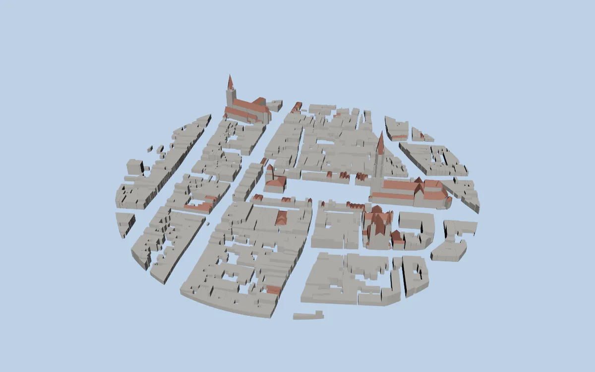 The same Delft buildings with pitched and hipped red roofs