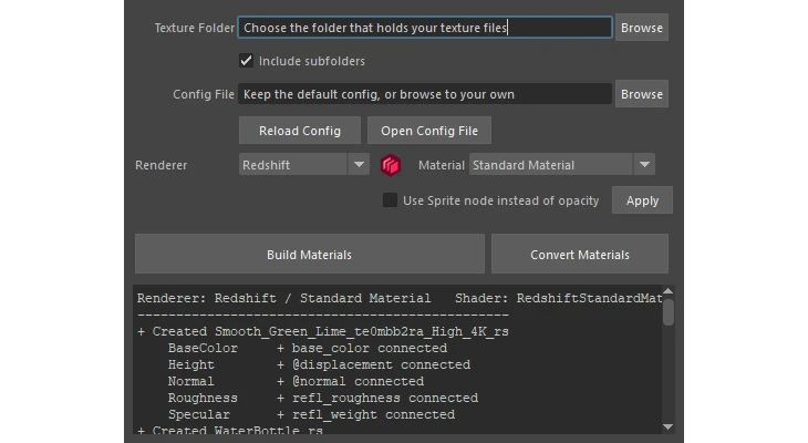 Material Generator window in Maya with a texture folder chosen and a Redshift Standard Material build log