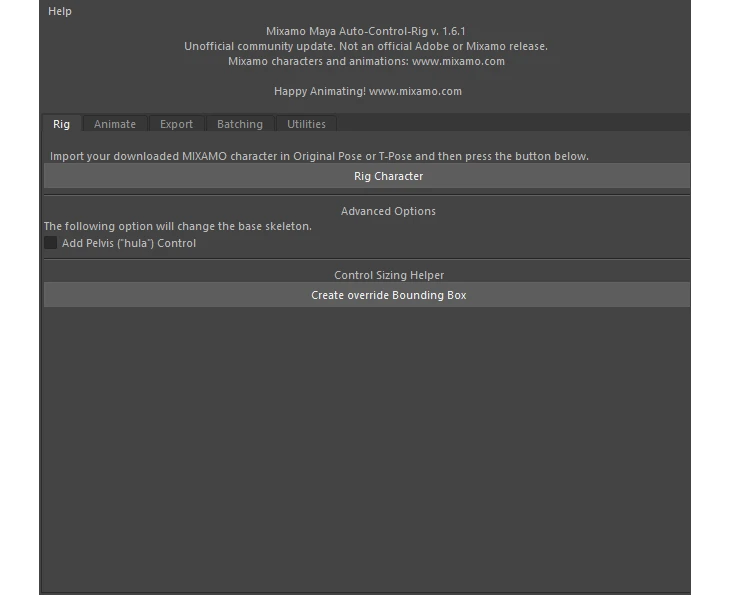 Mixamo Auto Control Rig window in Maya