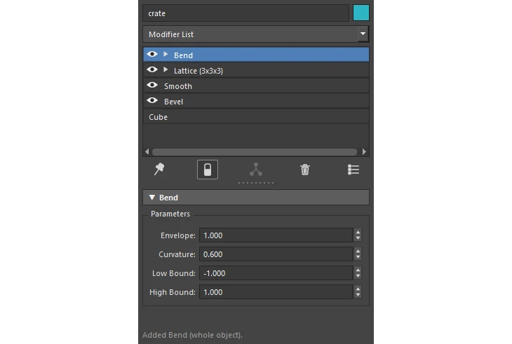 Modifier Stack panel in Maya showing a stack of modifiers above a base object