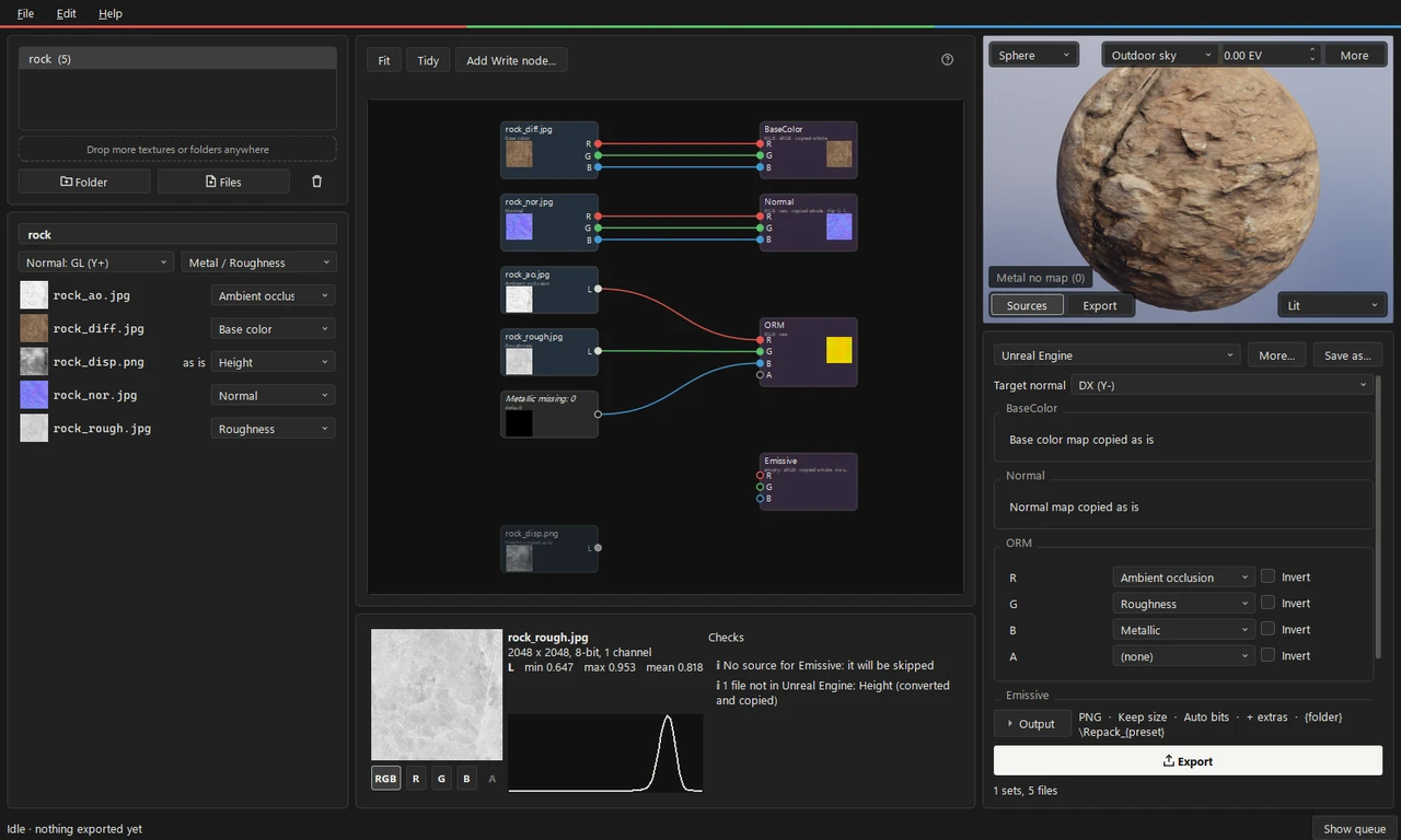 Repack with a rock material loaded: the node graph, the 3D preview and the Unreal Engine preset