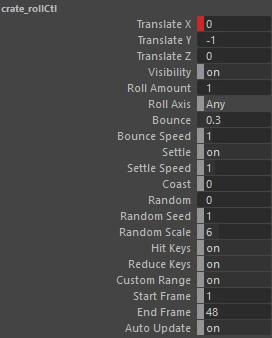 The Roll Anything control attributes in the Maya Channel Box