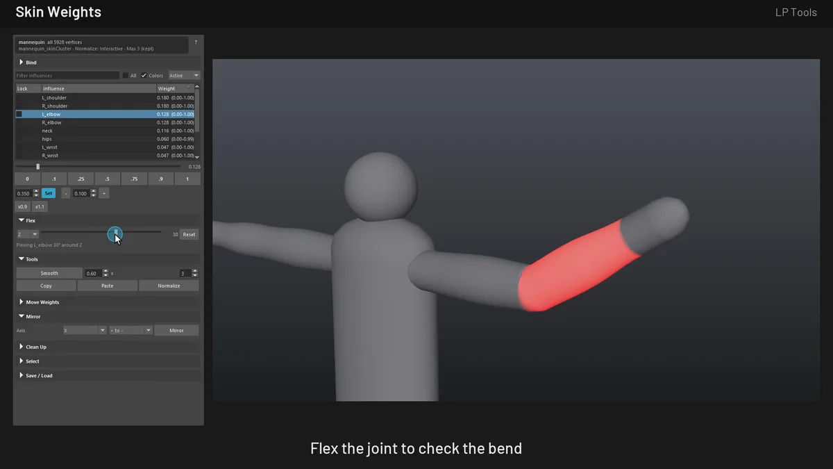 The mannequin forearm bent at the elbow with the red weight overlay following the bend
