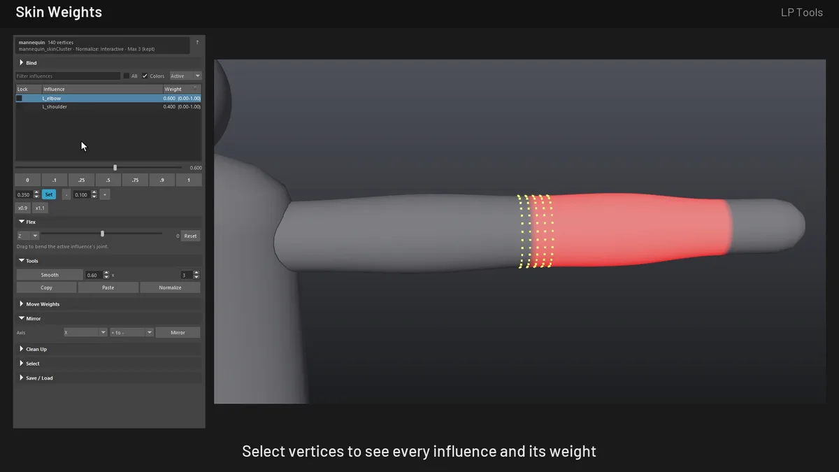 Skin Weights window in Maya next to a mannequin arm with selected vertices and a red weight overlay