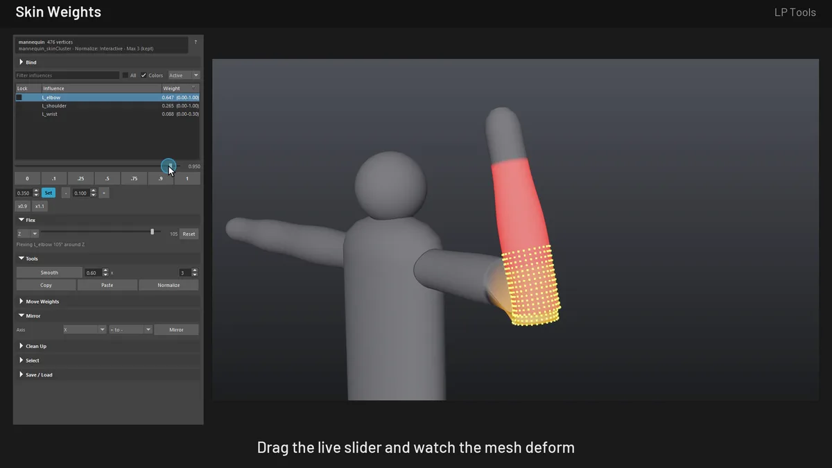 Skin Weights window with the live slider being dragged while the elbow of the mannequin deforms